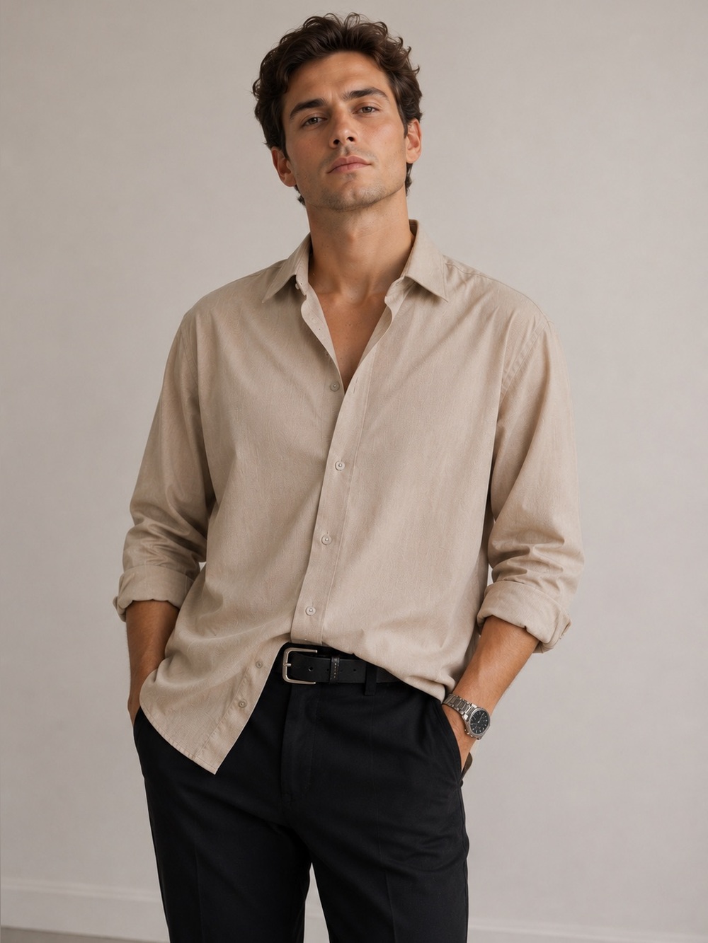 Calvin Klein Steel+ Beige Herringbone Button Down Shirt Mens Regular Fit Large